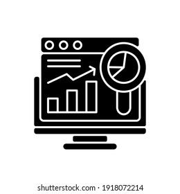 Icono de glifo negro de análisis web. Optimización de motores de búsqueda en línea. Análisis de datos del sitio. Investigación de marketing en Internet, informe de ecommerce. Símbolo de silueta en el espacio blanco. Ilustración aislada del vector