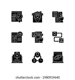 Web analytics black glyph icons set on white space. Getting user location with geolocation functions of device. Customer journey map. Silhouette symbols. Vector isolated illustration