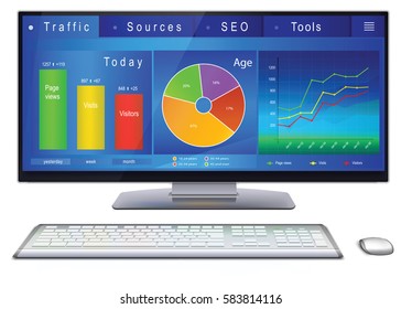 Web analytics charts, graphs and indicators of website on desktop computer screen. Dashboard of webmaster in blue design. Vector illustration, isolated on white background.