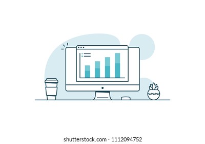 Web analytics. Computer with open browser and graph. Vector illustration in line art style