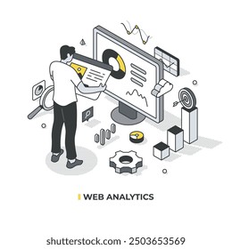 Concepto de análisis de Web. Ilustración isométrica de un hombre sosteniendo una página de Web, que simboliza la colección, el análisis y la notificación de datos de Web para optimizar el rendimiento y la pista del éxito del marketing digital