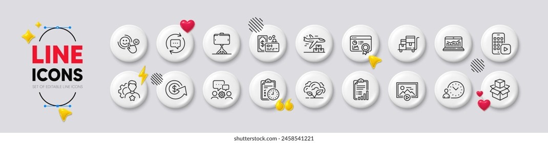 Web analytics, Customer satisfaction and Time management line icons. White buttons 3d icons. Pack of Dollar exchange, Selfie stick, Brand icon. Vector