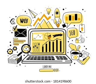 Ilustración de iconos de doodle de análisis web. Iconos vectoriales dibujados a mano. Optimización del sitio web de elementos dibujados a mano.