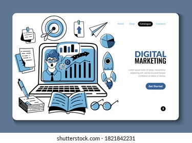 Web analytics doodle landing page. Hand drawn vector icons. Website optimization hand drawn items.