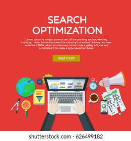 Web analytics elements and marketing. Website development, search engine optimization. Workplace expert in SEO. Manager top view workplaces flat vector illustration. Template for advertising, posters.