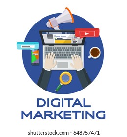 Web analytics elements and marketing. Work in social networks. Search engine optimization. Expert in SEO. Banner for advertising of the round form. Manager top view workplaces flat vector illustration