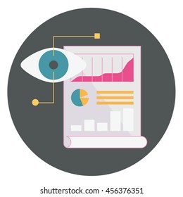 Web analytics, eyes next to the document which shows the chart on the background of a gray circle,Vector flat icons, web element infographics