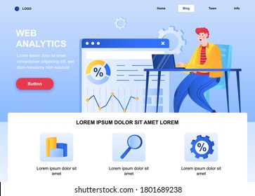 Web analytics flat landing page. Analyst analyzing data web page. Colorful composition with people character, vector illustration. Online data analysis service, stock trading information concept.