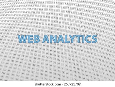 Web analytics generic information technology background. Flat design with icons and symbols for search engines, unstructured data, mobile data, social network data.