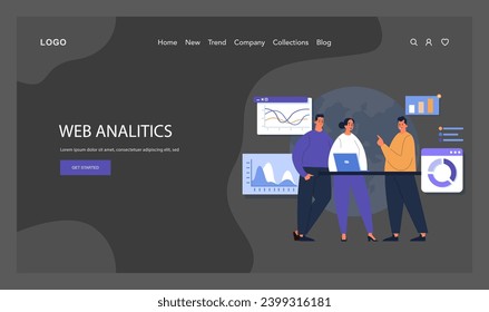 Web Analytics highlighted dark or night mode web, landing. Team of three collaborates on website data, deciphering growth trends on a dashboard. Analysis tools and metrics showcased. Flat vector.