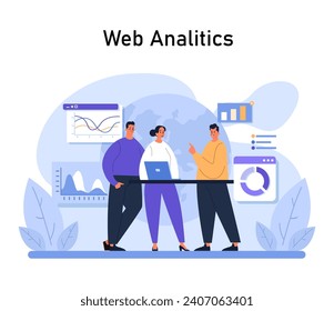 Web Analytics highlighted. Team of three collaborates on website data, deciphering growth trends on a dashboard. Analysis tools and metrics showcased. Flat vector.