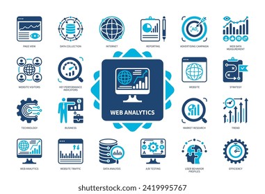 Web Analytics Symbol Set. Technologie, Effizienz, Webverkehrsmessung, Berichterstattung, Trend, Seitenansicht, Marktforschung, Datenerhebung. Duotone-Farbsymbole