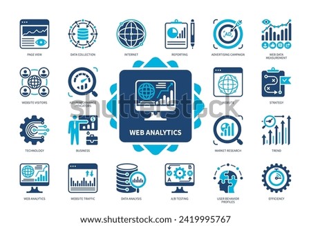 Web Analytics icon set. Technology, Efficiency, Web Traffic Measurement, Reporting, Trend, Page View, Market Research, Data Collection. Duotone color solid icons