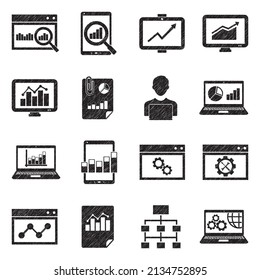 Web Analytics Icons. Black Scribble Design. Vector Illustration.