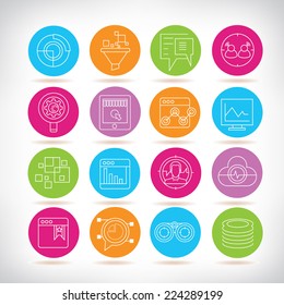 web analytics icons set, data analysis icons, colorful circle buttons set