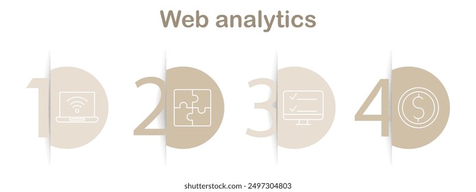 Web analytics icons set. Laptop with wifi, puzzle, checklist on monitor, dollar coin