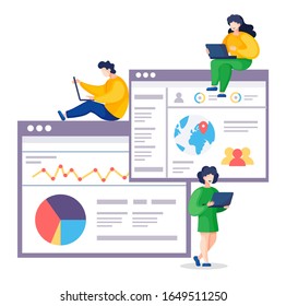 Web analytics information and development website statistic. Web CMS analysis measure, product testing technology, big data analytics. Dashboard site seo optimization. Digital marketing reports, flat