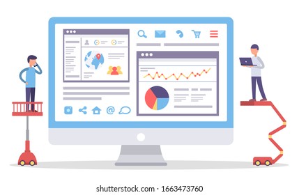 Web Analytics Information and Development Website Statistik. Web-CMS-Analysemethode, Produkt-Testtechnologie, Big-Data-Analyse. Dashboard-Siteo-Optimierung. Digitale Marketingberichte, flach