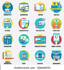 Web analytics information, development website statistic and business flat icons - vector icons