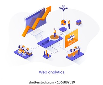 Webanalyse isometrischer Web-Banner. Online Business Analytics Isometrie Konzept. Data Analysis Service 3d-Szene, Stock-Trading-Informationen flach Design. Vektorgrafik mit Menschen-Zeichen.