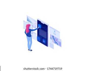 Web analytics isometric concept. Online technology analytical strategy, development of diagrams illustration infographic information digital financial management statistics modern vector market.