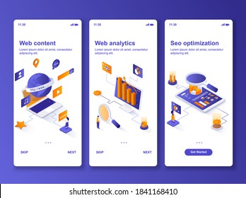 Web analytics isometric GUI design kit. Web content production, seo optimization templates for mobile app. Market research UI UX onboarding screens. Vector illustration with tiny people characters.
