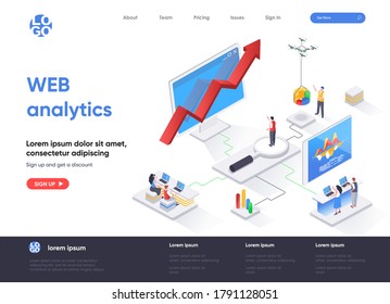 WEB analytics isometric landing page. Online business analytics, data analysis service, stock trading information isometry web page. Website flat template, vector illustration with people characters.