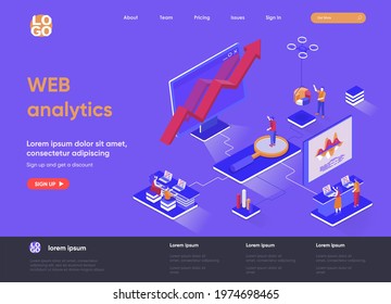 WEB analytics isometric landing page. Online business analytics, data analysis service, stock trading information isometry web page. Website flat template, vector illustration with people characters.