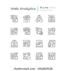 Web analytics linear icons set. Customer behavior during visiting website. Website traffic analyzing. Customizable thin line contour symbols. Isolated vector outline illustrations. Editable stroke