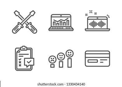 Web analytics, Music making and Screwdriverl icons simple set. Customer satisfaction, Checklist and Credit card signs. Statistics, Dj app. Business set. Line web analytics icon. Editable stroke