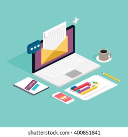 Web of analytics process with laptop and development website statistic. Flat icons. 3d isometric design style modern vector illustration concept.
