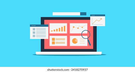 Informe de análisis web, estadísticas de negocios, finanzas y marketing, análisis de datos en pantalla de computadora, decisión de negocios basada en datos - ilustración vectorial con iconos