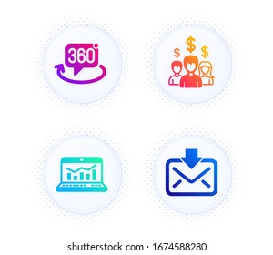 Web analytics, Salary employees and 360 degree icons simple set. Button with halftone dots. Incoming mail sign. Statistics, People earnings, Virtual reality. Download message. Business set. Vector