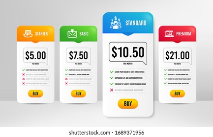 Web analytics, Salary employees and 360 degree icons simple set. Price table template. Incoming mail sign. Statistics, People earnings, Virtual reality. Download message. Business set. Vector