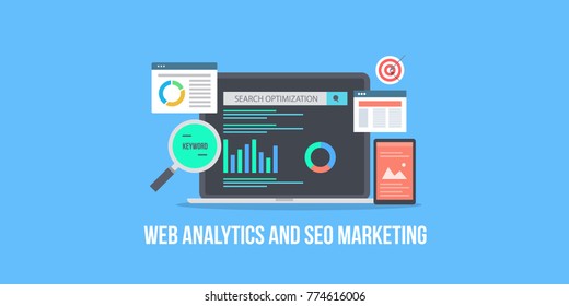 Web analytics, Seo marketing, Seo audit and report flat vector conceptual banner with icons