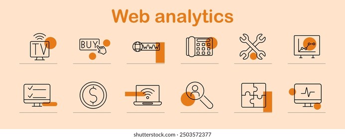 Web analytics set icon. Television, buy button, domain, phone, tools, graph, statistics, checkmark, coin, laptop, magnifying glass, puzzle, web, internet, online, commerce, analysis, digital
