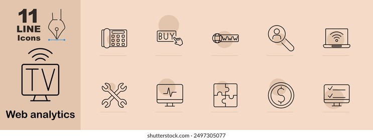 Web analytics set icon. TV, phone, buy button, search, laptop, wrench, heartbeat, puzzle, dollar, checklist, communication, technology, online, shopping, internet, financial, analysis, tool diagnostic