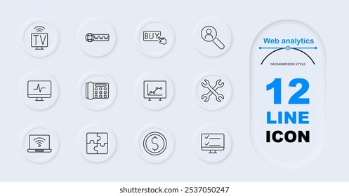 Symbol für Webanalysesatz. TV, Globus-URL, Kaufen-Taste, Benutzersuche, Computermonitor, Telefon, Diagramm, Schraubenschlüssel-Tools, Laptop mit Wi-Fi, Puzzleteil, Münze, Checkliste auf Monitor. Web-Tracking