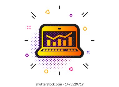 Web analytics symbol. Halftone circles pattern. Marketing statistics icon. Laptop or Notebook sign. Classic flat web analytics icon. Vector