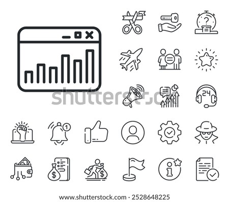 Web analytics symbol. Salaryman, gender equality and alert bell outline icons. Marketing statistics line icon. Browser window sign. Marketing statistics line sign. Vector