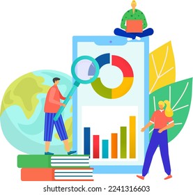 Análisis web, ilustración vectorial. Los personajes de negocios hacen análisis en la tecnología de pantalla plana, concepto de sitio web.