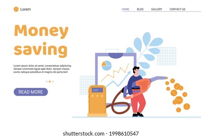 Web App With Concept Fuel Price And Economy Money At Petrol. Young Man Stand Near Car And Holds A Huge Gas Station Hose With A Stream Out Of Gold Coins. Flat Vector Illustration.