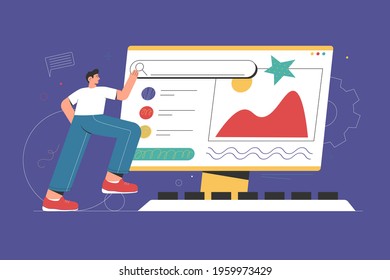 Web and app design concept. Man creates custom creative design for web site. Vector flat cartoon illustration