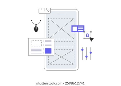 Web and app design concept. User Interface UI and User Experience UX content organization. Designer working on the designing of web page or mobile app. Flat Cartoon Vector Illustration, icon. Stylish 