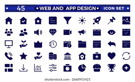 Web and App Design icon set. User interface icon set collection.Basic User Interface Essential Set. Solid ui ux Icons. For App, Web, And Print.