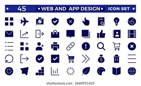 Conjunto de ícones de Design de Aplicativo e Web. Ícone da interface do usuário definir coleção.Conjunto Essencial da Interface do Usuário Básica. Ícones de UIx do Solid. Para Aplicativo, Web E Impressão.