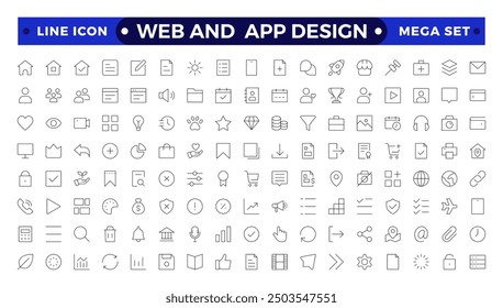 Web And App Design icon set.User interface icon set collection.Basic User Interface Essential Set.Line ui ux Outline Icons. For App, Web, Print.
