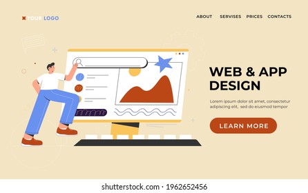 Web and app design landing page. Man creates custom creative design for web site. Vector flat cartoon illustration