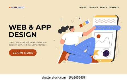 Web and app design landing page. Woman creates custom design for mobile application. Vector flat cartoon illustration