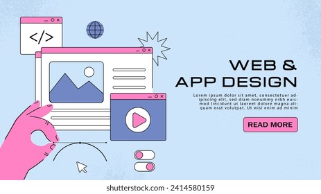 Web and App design poster. Hand near template for webpage. Graphic designer create UI and UX elements for mobile application and program. Landing page design. Cartoon flat vector illustration